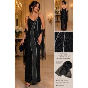 Vintage Tan-Chho Beaded Silk Gown Size L Black With Scarf Evening Formal Elegant